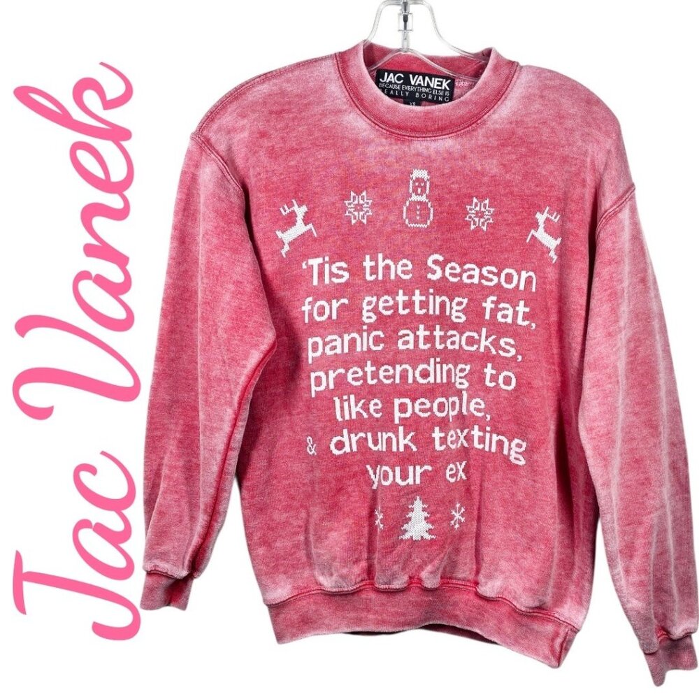 JAC VANEK UGLY CHRISTMAS SWEATSHIRT RED PINK GRAPHIC NOVELTY‎ FUNNY, SIZE XS